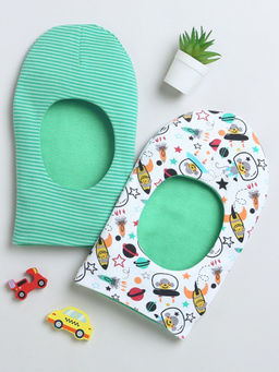 Bumzee - Green and White Girls Cotton Reversible Monkey Caps (Pack of 2)