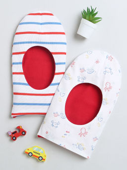 Bumzee - Red and White Boys Cotton Reversible Monkey Caps (Pack of 2)