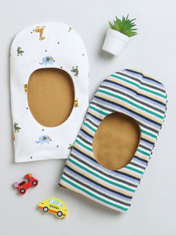 Bumzee - White and Multi Boys Cotton Reversible Monkey Caps (Pack of 2)