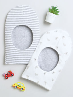 Bumzee - Grey and White Boys Cotton Reversible Monkey Caps (Pack of 2)