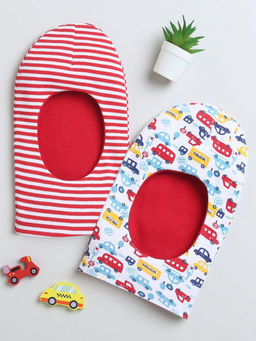 Bumzee - Red and White Boys Cotton Reversible Monkey Caps (Pack of 2)