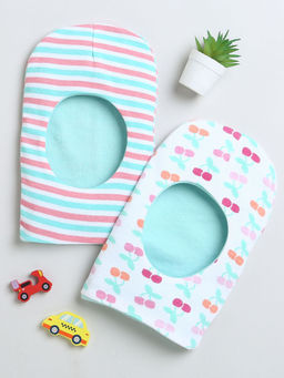 Bumzee - White and Mint Girls Cotton Reversible Monkey Caps (Pack of 2)