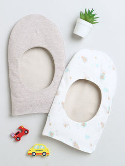 Bumzee - Beige and White Girls Cotton Reversible Monkey Caps (Pack of 2)