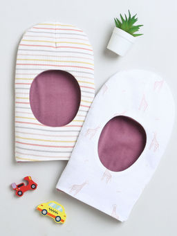 Bumzee - White and Mauve Girls Cotton Reversible Monkey Caps (Pack of 2)