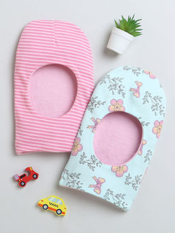 Bumzee - Green and Pink Girls Cotton Reversible Monkey Caps (Pack of 2)