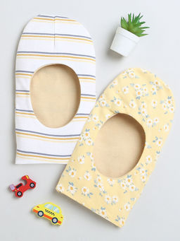 Bumzee - Yellow and Cream Girls Cotton Reversible Monkey Caps (Pack of 2)
