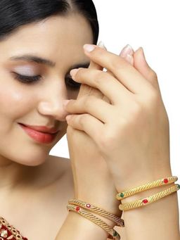 Accessher - Stunning Matte Gold Plated Semi Pecious Stones Embedded Ethnic Bangles (Set of 4)