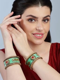 Accessher - Green Velvet Fabric And Semi Precious Embellished Statement Bridal Chooda (Set of 6)