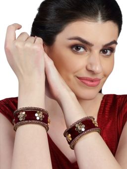 Accessher - Maroon Velvet Fabric And Kundan Embellished Statement Bridal Chooda (2.8) (Set of 6)
