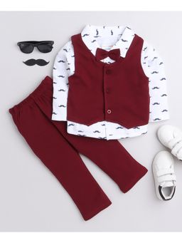Bumzee - Maroon and White Boys Shirt Waistcoat and Pant with Applique Bow (Set of 4)