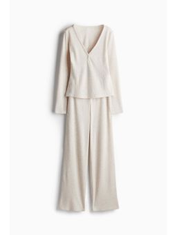 H&M - Women Beige Waffled T-Shirt & Pyjama