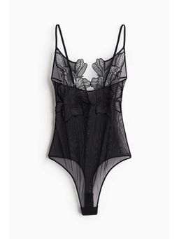 H&M - Women Black Embroidered Thong Bodysuit