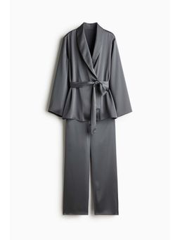 H&M - Women Grey Satin Shirt & Pyjama