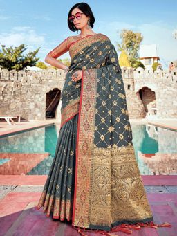 Odette - Womens Grey Banarasi Silk Woven Design Saree with Unstitched Blouse