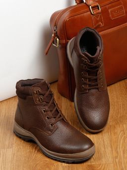 Teakwood - Men Textured Brown Leather Lace-Up Casual Boots