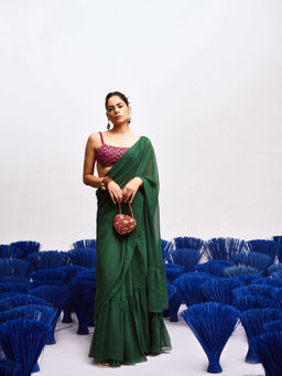 Baise Gaba - Rani Green Ruffled Saree with Unstitched Blouse