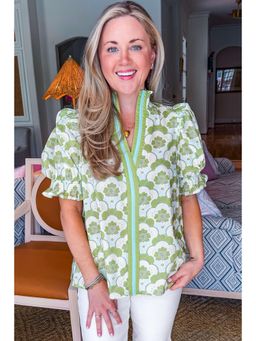 Errabelly - Green Floral Clouds Ruffled Short Sleeve Summer Top