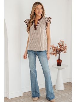 Errabelly - Khaki Stripe Double Cap Sleeve Mandarin Neck Top