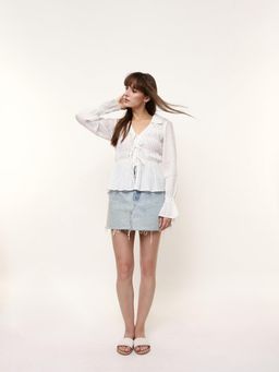 Dennis Lingo - Collared Front Tie-Ups Ruched Semi Sheer Casual Top