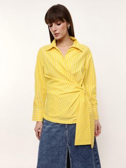 Dennis Lingo - Vertical Striped Shirt Collar Cotton Yellow Wrap Top