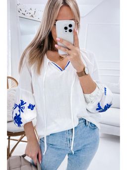 Errabelly - White Floral Embroidered Drawstring V Neck Top