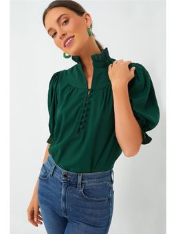 Errabelly - Blackish Green Solid Puff Sleeve Frilled Trim Elegant Top