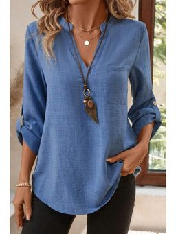 Errabelly - Ashleigh Blue Solid Color Notched Mandarin Neck Roll Up 3/4 Sleeve Top
