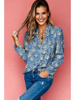 Errabelly - Sky Blue Fall Floral Half Placket Top
