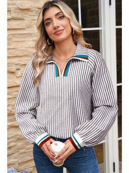 Errabelly - Dark Grey Striped Print Contrast Top