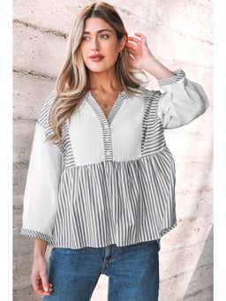 Errabelly - Gray Stripe Half Button Gauze Patchwork Top