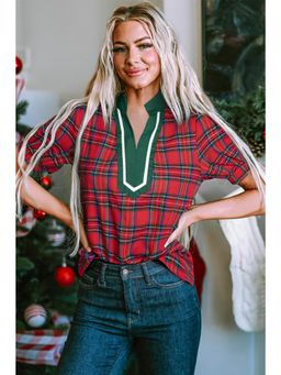Errabelly - Red Plaid Print Contrast Trim Mandarin Neck Half Sleeve Top