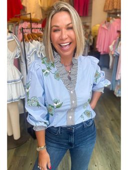 Errabelly - Sky Blue Floral Print V Neck Fall Top