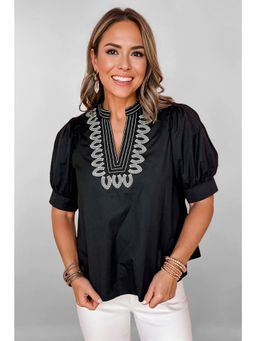Errabelly - Black Short Puff Sleeve Contrast Embroidered Detail Top