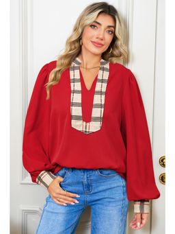 Errabelly - Racing Red Contrast Plaid Patchwork Mandarin Neck Long Sleeve Top