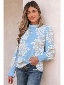 Errabelly - Sky Blue High Neck Full Sleeve Flower Top