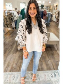 Errabelly - White Floral Contrast Mandarin Neck Patchwork Top