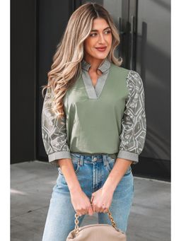 Errabelly - Grass Green Floral Contrast Mandarin Neck Patchwork Top