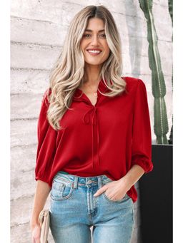 Errabelly - Fiery Red Solid Color Frilled V Neck Bow Detail Top