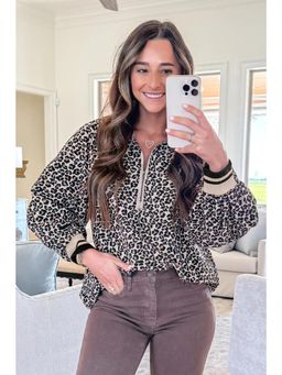 Errabelly - Khaki Leopard Print Half Zip Up Top