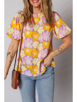 Errabelly - Multi Frilled Neck Puff Short Sleeve Flower Top