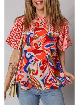 Errabelly - Red Mixed Print Patchwork Puff Sleeve Top