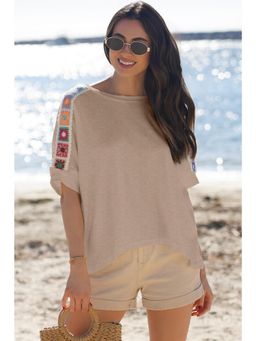 Errabelly - Parchment Granny Square Crochet Detail Loose T-Shirt