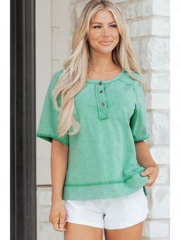 Errabelly - Mint Green Half Buttons Raw Seam T-Shirt