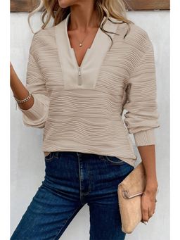 Errabelly - Parchment Solid Color Textured Zip V Neck Pullover Top