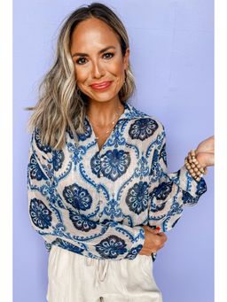 Errabelly - Blue Tribal Pattern Buttoned Front Loose Shirt