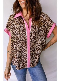 Errabelly - Leopard Print Contrasted Trim Animal Half Sleeve Shirt