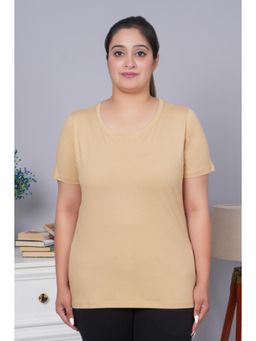 MLADA - Causal Relaxed Fit Round Neck Half Sleeves Solid Cotton Beige T-Shirt