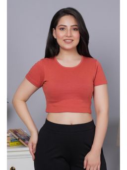 MLADA - Women Solid Short Sleeves Regular Round Neck Crop Rust T-Shirt