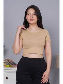 MLADA - Women Solid Short Sleeves Regular Round Neck Crop Beige T-Shirt