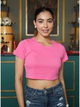 MLADA - Women Solid Short Sleeves Regular Round Neck Crop Rose Gold T-Shirt